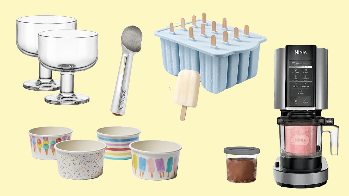 A collage of gadgets and serveware used to make ice cream, including the Ninja Creami ice cream maker, silicone popsicle molds, and ice cream scoop, and colorful and glass serving bowls