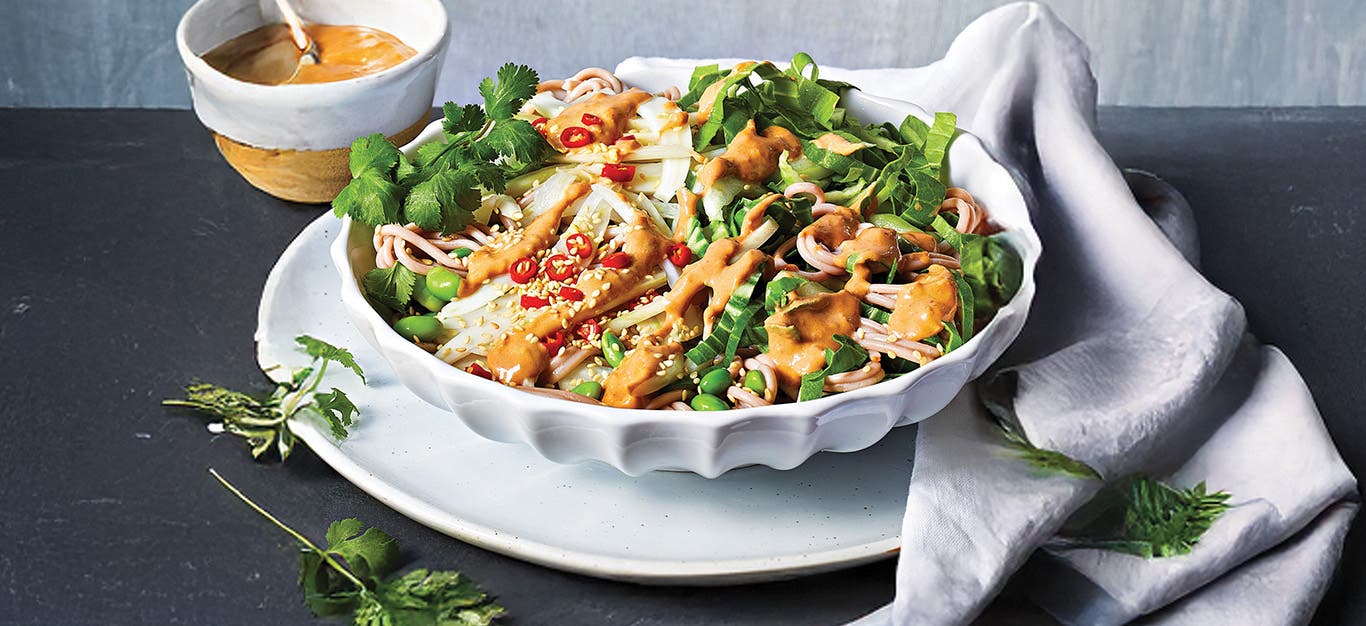 Spicy Soba Bowls with Bok Choy in a white bowl on a white plate