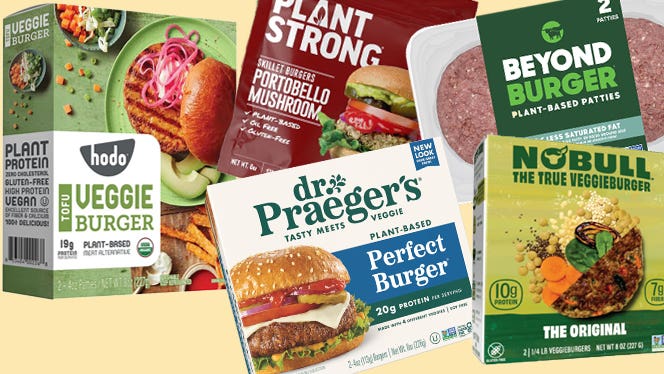 burger-image-edited A collage features five different store-bought veggie burger options, including Hodo Burger, Dr Praeger's, Plant Strong, Beyond, and NoBull