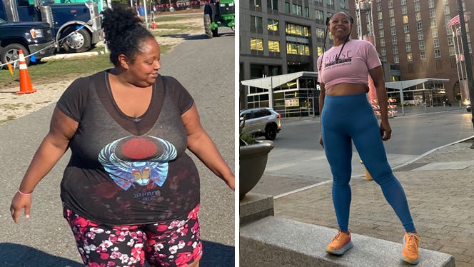 Two photos of Deena Bryant-Godde, before adopting a plant-based vegan diet to overcome obesity and lose 270 pounds. In the photo on the left, she walks outside, on the right, she has lost weight and poses in a yoga outfit.