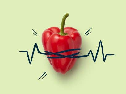 Bell pepper that looks like a heart has cartoon lines drawn around it to signify a heart attack